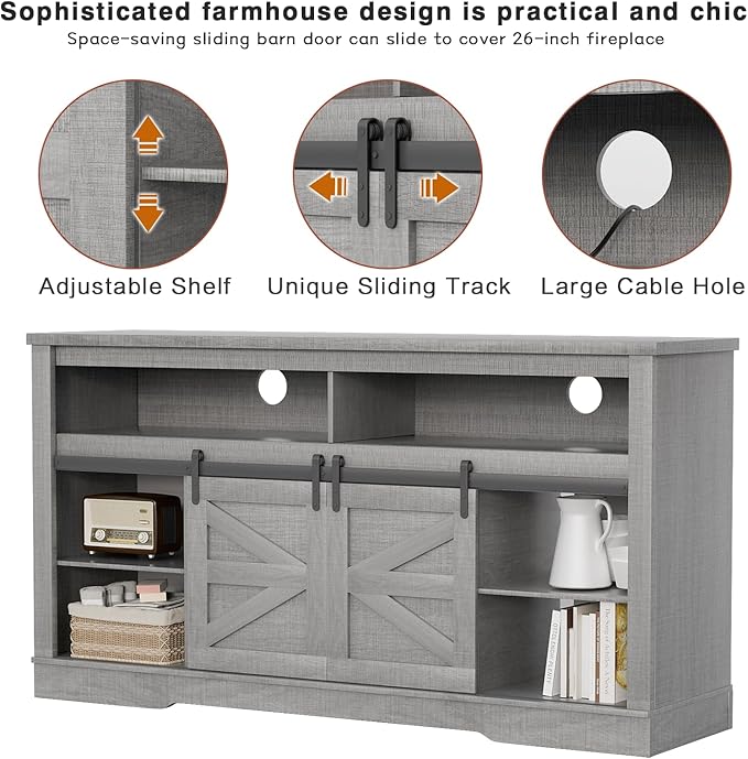 YESHOMY Fireplace TV Stand for Television up to 65+ Inch with Storage and Farmhouse Sliding Barn Doors, Entertainment Center with Cabinet and Shelves, Media Console for Living Room, Gray