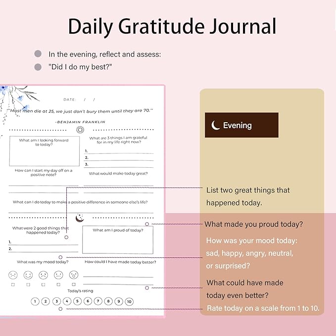 Gratitude Journal, Daily Reflection Journal for More Happiness, Mindfulness & Affirmation, Self Care Journals for Women & Men, 6 Inspirational Stickers and Ballpoint Pen, Pink