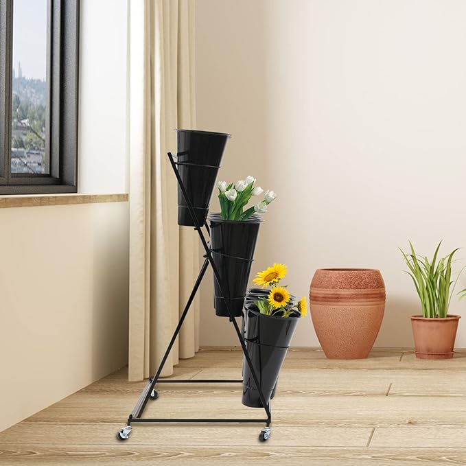 DYRABREST Flower Display Stand With 12PCS Buckets, 3 Layers Metal Plant Stand with Wheels, Heavy Duty Moving Plant Cart Shelf for Indoor, Outdoor Patio Garden, Florist (Black)