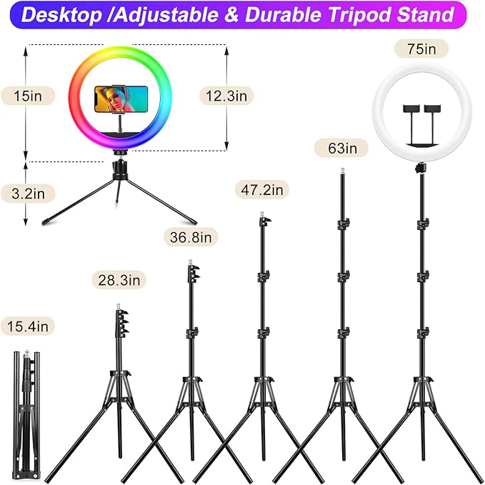 STALLY 12.3" Ring Light with Stand 75" Tall and 2 Phone Holder, Ring Light Tripod for iPhone with 3 CCT Mode & 29 Color Modes, Remote Shutter, Desk Tripod, Great for Live Stream/Makeup/YouTube/TikTok