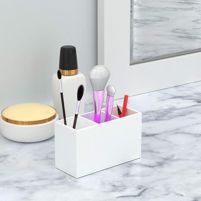NIUBEE Acrylic Pen Holder 3 Compartments, White Pencil Organizer Cup for Countertop Desk Accessory Storage