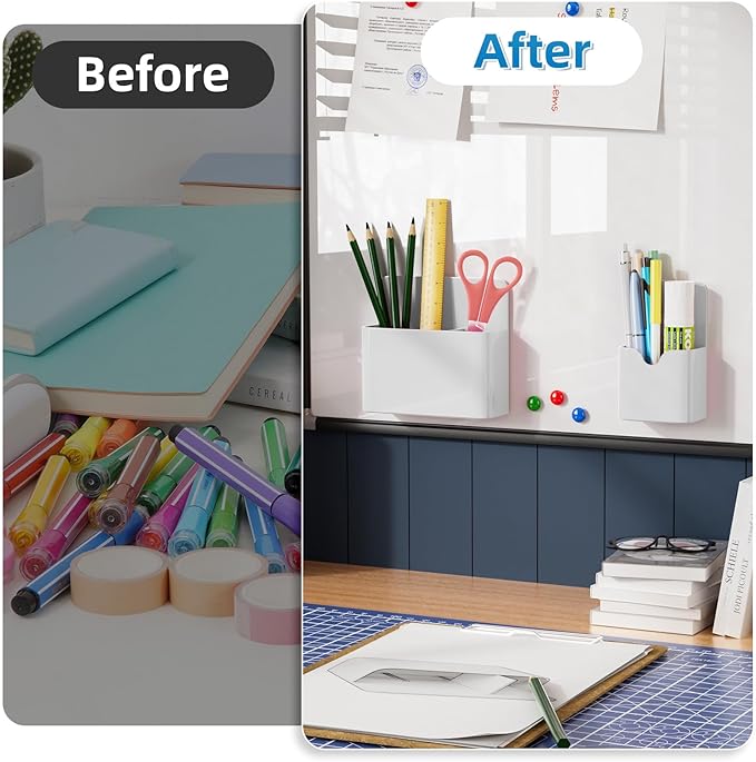 Magnetic Dry Erase Marker Holder,Pen and Eraser Holder for Whiteboard，Magnet Pencil Cup Utility Storage Organizer for Office, Refrigerator, Locker and Metal Cabinets (White)