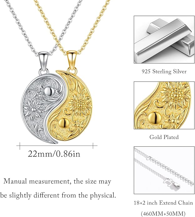 Yin Yang Necklaces 925 Sterling Silver Friendship Sun Moon/Mountain/Dolphin/Tree of Life/Flower/Wings Pendant Necklace Moonstone Abalone Opal Jewelry for Women Men Couples