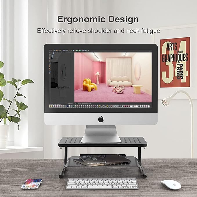 suptek Double-Deck Desk Monitor Stand Riser for Computer,Laptop,Printer, Notebook and All Flat Screen Display with Vented Metal Platform and 4 Inches Height Underneath Storage (MST002)