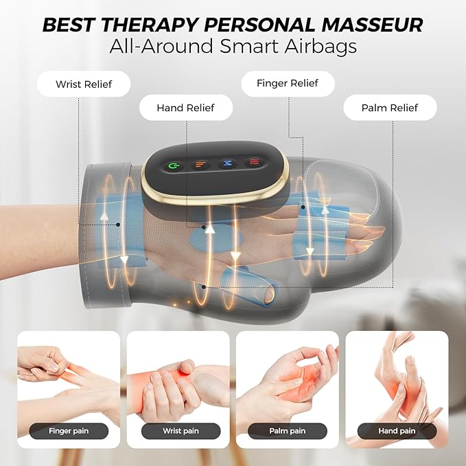 WUX Hand Massager with Heat Compression Relief, 3 Massage 4 Temperatures 5 Compression Models Therapy Glove, Hand Massager for Arthritis and Carpal Tunnel, Great Gift for Men and Women