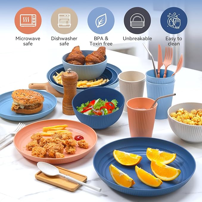 Wheat Straw Dinnerware Sets,64-Piece Plates and Bowls Sets for 8-Unbreakable,Reusable Plastic Dish Set-Dinner Plate/Dessert Plate/Cereal Bowl/Cup/Utensils-Microwavable Dishwasher Safe 64P-Blue