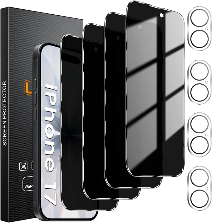 4 Pack Privacy Screen Protector for iPhone 17 6.3-Inch with 4 Pack Camera Lens Protector, Anti Spy Tempered Glass Film 9H Hardness Bubble Free Case Friendly