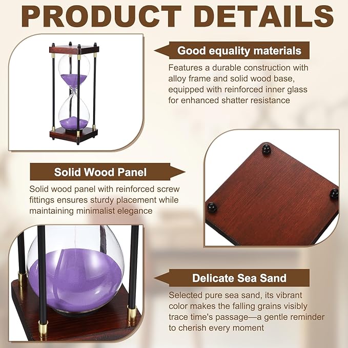 PATIKIL Large Decorative Sand Timer, 30 Minutes Wood Hour Glass Timer Modern Wooden Hour Glass for Cooking Game Office Classroom Kitchen Home, Purple(Style 2)