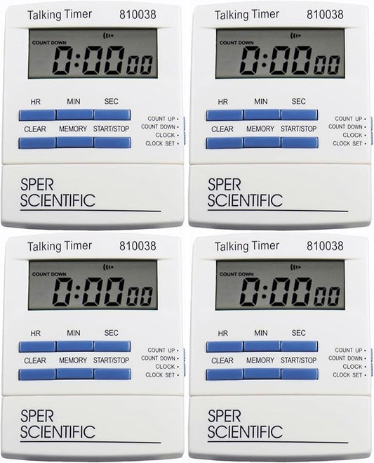 Sper Scientific Talking Timer with Audible Countdown Voice Announcements 810038 - Large LCD Display, Hands-Free Timer with Loud Alarm & Memory Recall - Perfect for Cooking, Labs, Fitness & more - 4 pc
