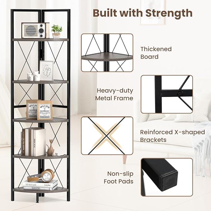 Giantex 5-Tier Corner Shelves Set of 2, 63" Tall Corner Bookshelf, Freestanding Storage Rack w/Metal Frame, Modern Plant Stand, Narrow Bookcase Display Shelf for Living Room, Bedroom, Oak