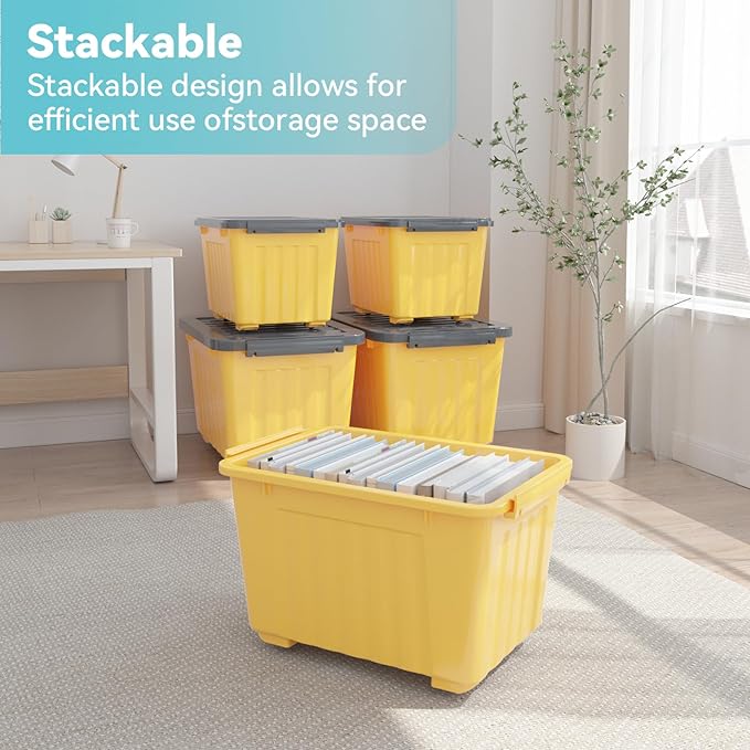 Nazhura Plastic Storage Bin, Stackable and Nestable Storage Boxes with White Lids and Secure Latching Buckles, Large Storage Container (Yellow/Purple, 72Quart-4Pack)