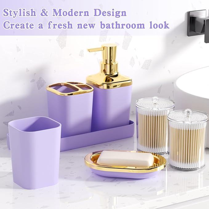 Purple Bathroom Accessories, 24 Pieces Purple and Gold Bathroom Accessories Set with Shower Curtain, Bath Towels, Trash Can, Soap Dispenser and Soap Dish for Bathroom/Housewarming