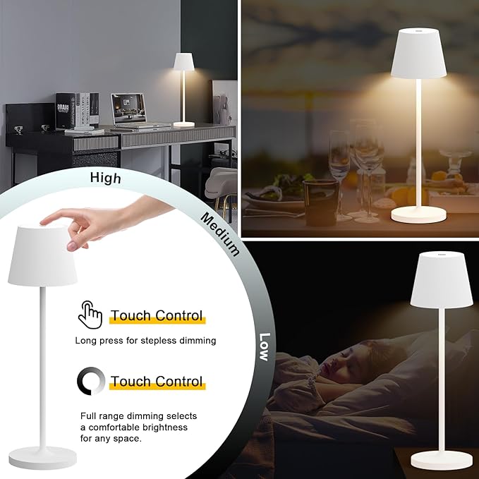 Ralaby IP54 Cordless Table Lamps Portable Rechargeable Battery Operated Lamp, Modern Aluminum Dimmable Indoor/Outdoor Cordless Desk Lamp for/Restaurant/Bar/Cafe/Bedroom (2 Pack,White,4800mAh)