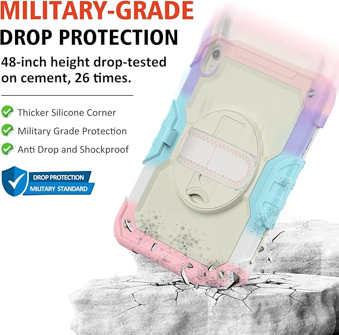 Ambison Case for iPad A16 11th/10th Generation 11"/10.9'' 2025/2022,Heavy Duty Shockproof Case with Tempered Glass Screen Protector, 360° Rotating Handle Strap&Stand,Shoulder Strap-Pink