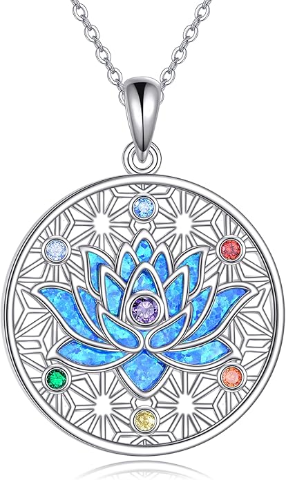 YFN Chakra Lotus Necklace Sterling Silver Seven Chakra Lotus Flower Pendant Necklace Blue Lotus Jewelry for Women Yoga Gifts for Women