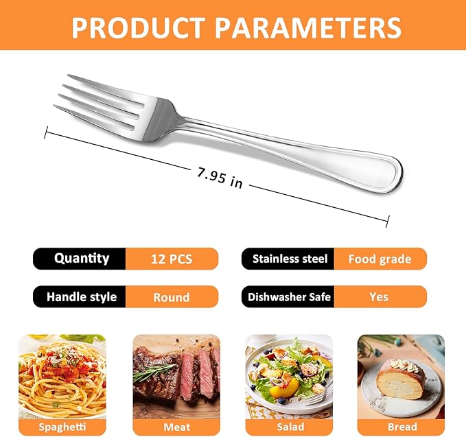 Dinner Fork Set -12 PCS Silver 18/0 Premium Food Grade Stainless Steel Flatware Salad Forks， Durable Metal Forks Silverware, Mirror Polished & Dishwasher Safe for Home, Kitchen, Restaurant