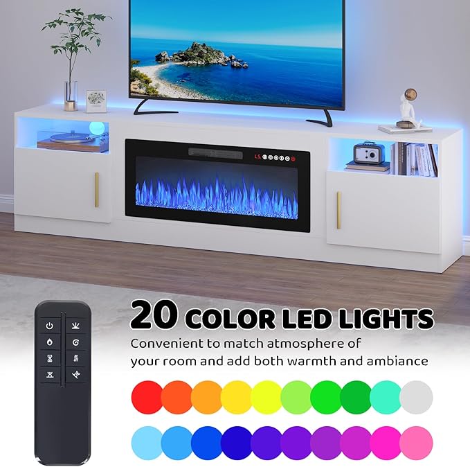 Lemberi Fireplace tv Stand with 36 inch Fireplace Up to 90" TVs, LED Light Entertainment Center and Storage, 80" Modern Wood Media TV Console with Highlight Cabinet for Living Room (White)