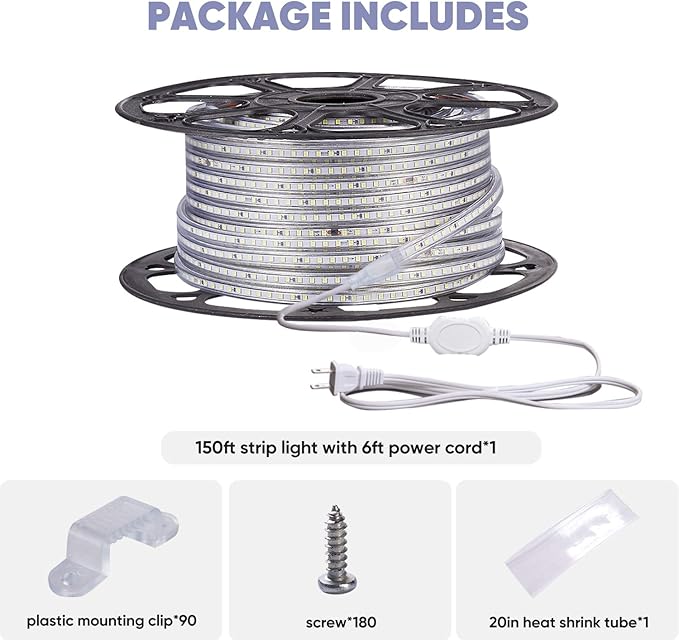 Shine Decor LED Strip Light 150FT 120VAC, Super Bright 19012 Lumens Dimmable, IP65 Waterproof for Outdoor Indoor, 3000K Warm White Every 1.6ft Cuttable Proselect Lighting Strip, 6x10mm ETL Listed