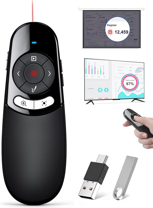 2IN1 Laser Pointer Digital Presentation Clicker on TV Screen w USB Flash Drive, Highlight Clicker for Powerpoint Presentation USB C A for Laptop MacBook Computer, PPT Clicker for Office Classroom