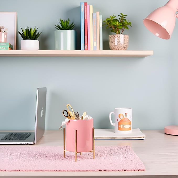 Ceramic Pen Holder Stand Cup Pencil Holder Organizer Makeup Brush Holders for Home Office Desk (Pink)