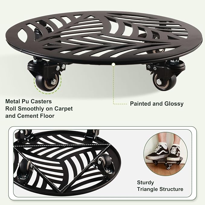 1 Pack Large Metal Plant Caddy with Wheels 13.5 Inches Heavy-duty Iron Rolling Plant Stand with Casters Indoor Outdoor Plant Roller Base Planter Movers Garden Dolly Coaster Trolley Black