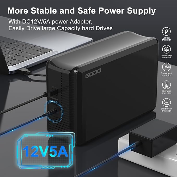 GODO 3.5 inch Dual Bay Hard Drive Enclosure,USB3.0 to 3.5" SATA HDDs External Enclosure,RAID 0/1/JBOD/PM Mode,Max 40TB RAID Hard Drive Docking Station,Aluminum