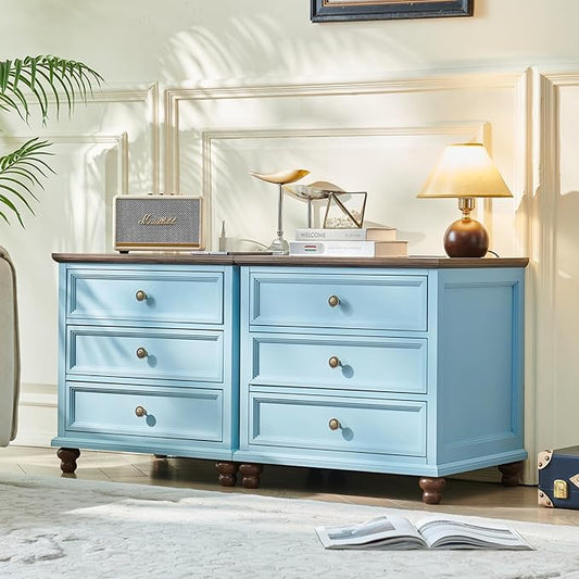 Farmhouse Nightstand Set of 2 with Charging Station, 24" Wide End Table with 3 Drawers,Dresser for Bedroom,Bed Side Table Chest of Drawers Cabinet,Wood Light Blue Night Stand for Living Room