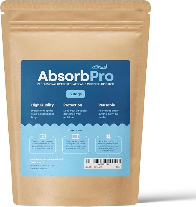 Rechargeable Dehumidifier Bag 3-Pack - 100g Reusable Moisture Absorbers - Silica Gel Packets for Bins, Totes, Gun Safe, Food Storage, Clothes, Cars, and Boats