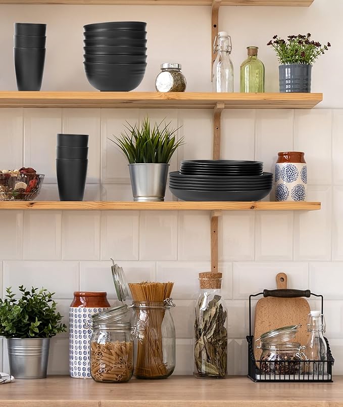 Quatish 16 Piece Plates and Bowls Sets for 4, Unbreakable Dinnerware Sets, Plastic Dish Set for Camping, Dishwasher Microwave Safe, Outdoor Kitchen and Apartment Dinning RV Essentials, Black