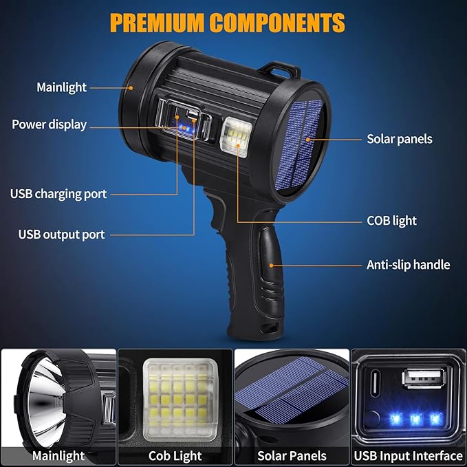 Rechargeable Spotlight, 99000 Lumens Bright LED Spotlight Flashlight, Long Running Spot Light Searchlight, Outdoor Handheld Spotlights with Solar Panels for Hunting,Camping,Boat,6 Spotlight Modes