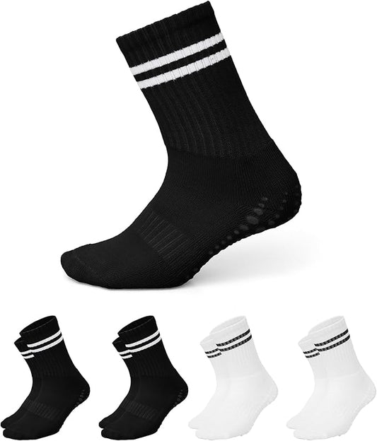 AMELLE Pilates Mid Crew Grip Socks for Women Non Slip – Half Cushioned Striped Yoga Barre Crew Socks with Grips – Anti Skid