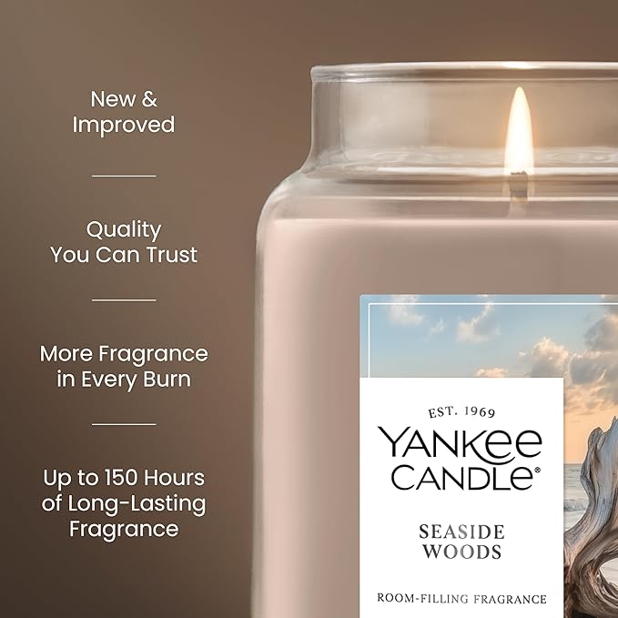 Yankee Candle Large Jar Scented Candle with up to 150 Hour Burn Time, Premium Plant Wax Blend for Consistent Burn, 22 oz Jar Candle with Room Filling Fragrance, Seaside Woods