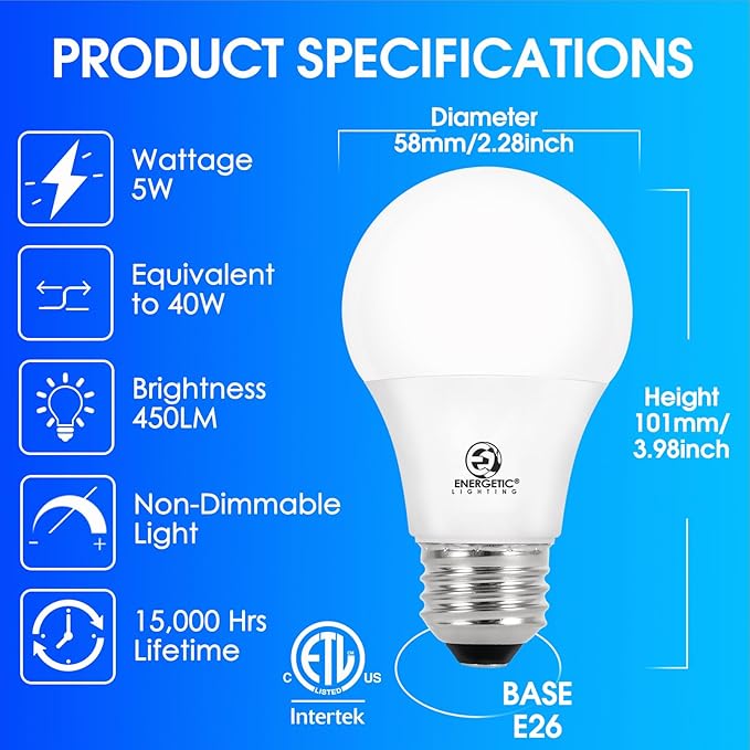 E ENERGETIC LIGHTING 40W Equivalent A19 LED Light Bulb, Soft White 2700K, E26 Standard Base, ETL Listed, 5W 450lm Non-Dimmable LED Light Bulb, 8 Packs
