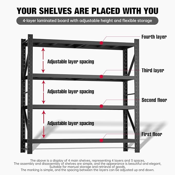 Heavy Duty Warehouse Shelving 4-Tier Industrial Steel Storage Shelves, 2600LB Capacity Per Shelf, Adjustable Shelves for Garage/Factory/Commercial Use (Black, W31.5*D19.7*H79)