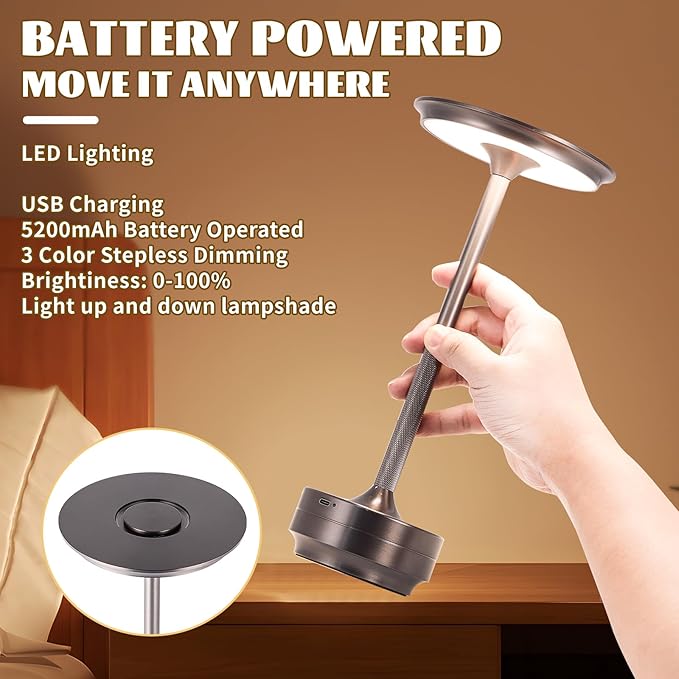 Rechargeable Cordless LED Table Lamps Touch Sensor Light, 3-Levels Portable Dimming Wireless Battery Operated Lamp，Nightstand Lamp/Night Light/Restaurant Table/Outdoor/Coffee/Bar (Grey)