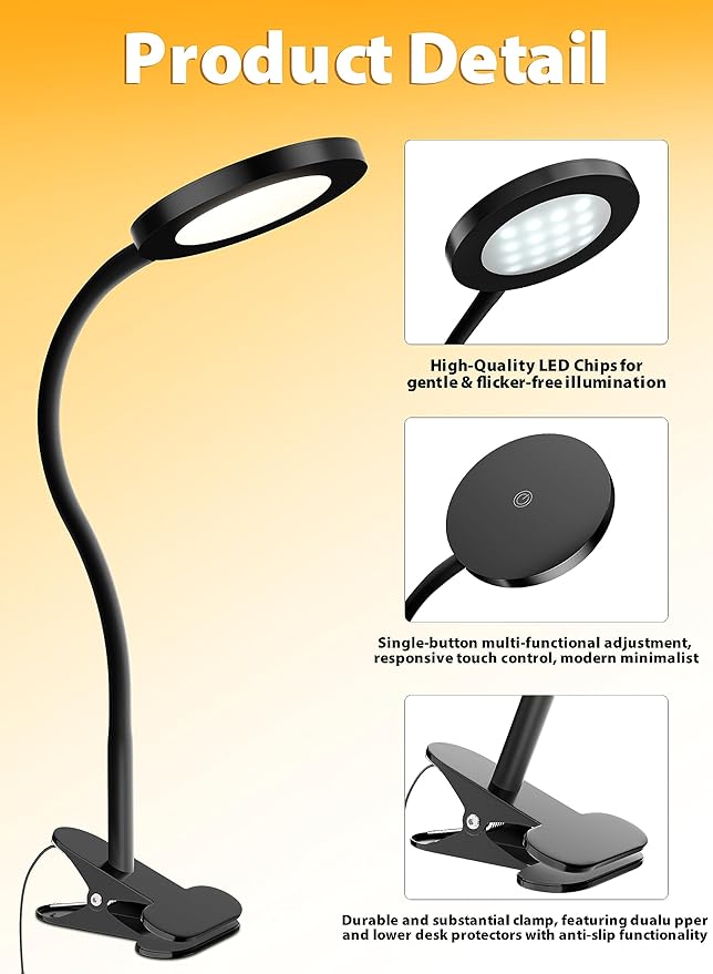 deeloop Clip on Light Infinite Dimmable Reading Lights for Books in Bed Headboard, 450LM Touch Control Clip Reading Lamp, Eye Care 3 Color Temperature Flexible Gooseneck for Bedside Night Light Black