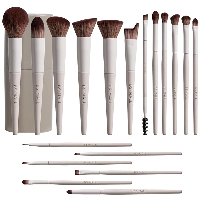 BS-MALL Makeup Brush Set 18 Pcs Premium Synthetic Foundation Powder Concealers Eye shadows Blush Makeup Brushes with black case (Matte white beige)