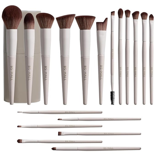 BS-MALL Makeup Brush Set 18 Pcs Premium Synthetic Foundation Powder Concealers Eye shadows Blush Makeup Brushes with black case (Matte white beige)