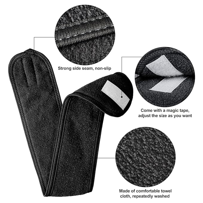 Denfany Spa Headband - Deluxe Face Wash Headband, Comfortable, Adjustable and Machine-Washable, Ideal for Showering, Makeup and Exercise (Black 3 Pack)