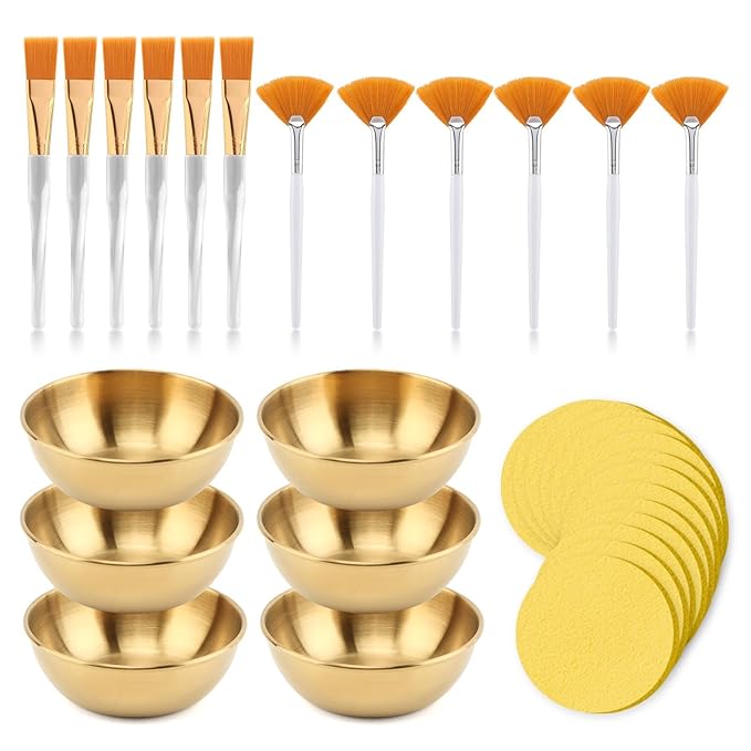 30Pcs Esthetician Supplies for Facials Set, 6 Gold Facial Bowls 6 Facial Brushes 6-Flat Brushes 12 Facials Sponge Compressed Round, Face Masks Cosmetic Applicators for Women(COLOR:gold)