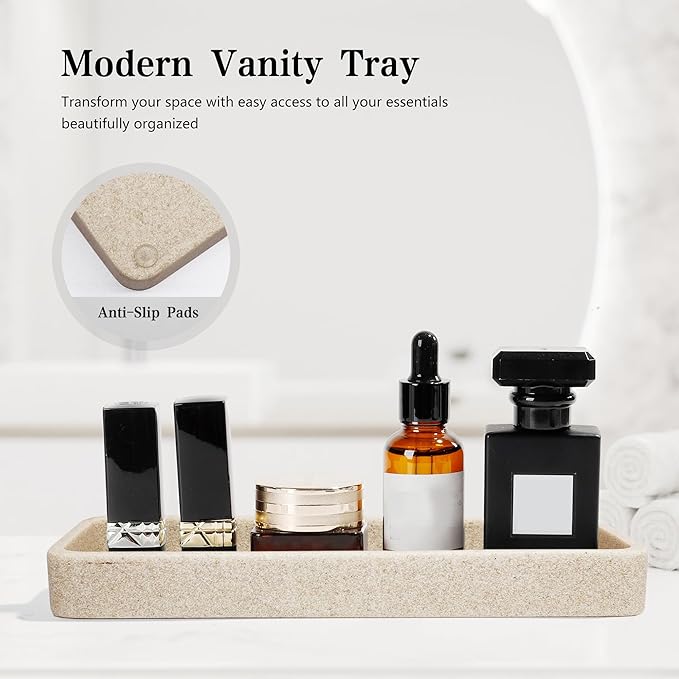 Bathroom Accessories Set, 4 Pcs Bathroom Accessory Set, Soap Dispenser, Toothbrush Holder, Qtip Holder Set, Bathroom Sets Complete, Bathroom Sink Set for Modern Home, Beige