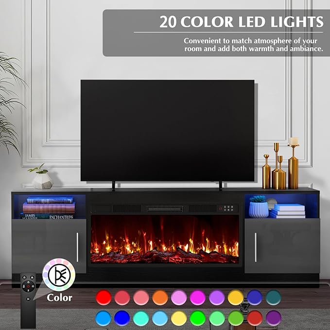 Lemberi Fireplace tv Stand with 36 inch Fireplace Up to 80" TVs,LED Light Entertainment Center and Storage, 70" Modern Wood Media TV Console with Highlight Cabinet for Living Room (Black)