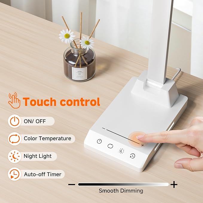 ShineTech LED Desk Lamp for Home Office, Dimmable Desk Light with 25 Lighting Combinations and USB Port, Memory and Timer Folding Reading Light for Study Nightstand, White