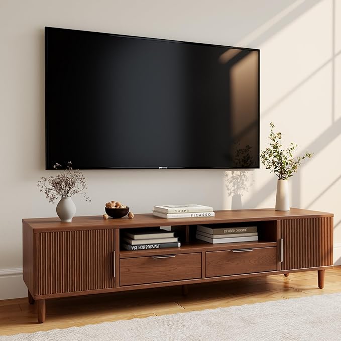 Mid-Century Modern TV Stand Fits TVs up to 60,Fluted TV Consoles Storage Doors and Cable Management,Entertainment Center tv Stands, for Living Room, Bedroom, Dining Room-Walunt