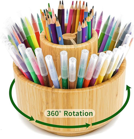 VaeFae Bamboo Pen Holder Organizer, 360° Rotating Art Supply Organizer, Desktop Storage for Marker Pens, Colored Pencil, Art Brushes, etc.