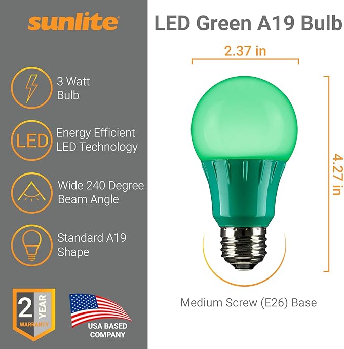 Sunlite 40451 LED A19 Colored Light Bulb, 3 Watts (25w Equivalent), E26 Medium Base, Non-Dimmable, UL Listed, Party Decoration, Holiday Lighting, 3 Count, Green