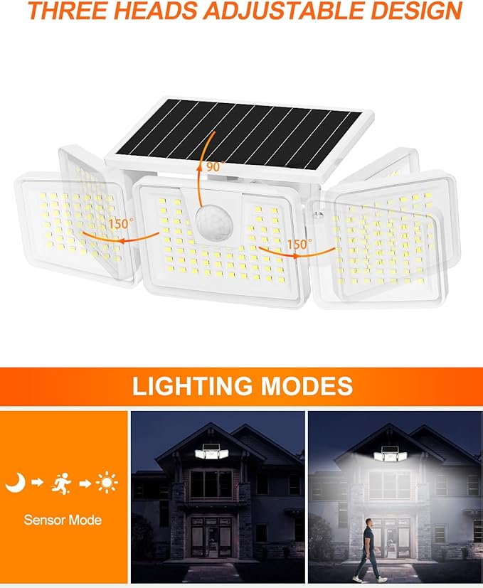 INCX Solar Motion Sensor Lights Outdoor, 3 Heads Security Lights Solar Powered, 156 LED Flood Light Motion Detected Spotlight for Garage Yard Entryways Patio, IP65 Waterproof, White, 1 Pack