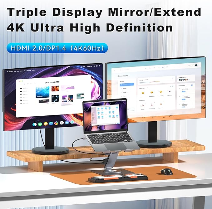 Laptop Docking Station Stand 11-IN-1 Triple Display HDMI DP 4K60Hz Gigabit Ethernet USB3.1 PD100W SD/TF Card Reader Audio 360°Swivel Laptop Stand with USB Hub for MacBookPro/Air/Dell/HP/Surface/Lenovo