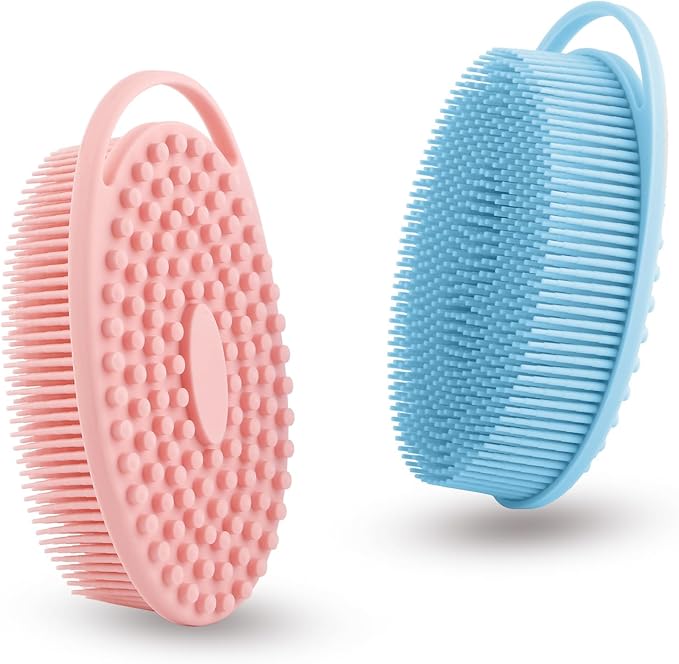 2 Pack Silicone Body Scrubber with Loofah Exfoliating Soft Body Shower Scrubber for Body, 2 in 1 Bath and Shampoo Wash Brush for Skin Exfoliation Men Women (Blue&Pink)