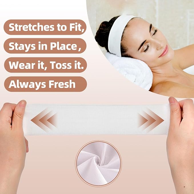 Saranna 45 Pieces Disposable Headbands for Spa Women Elastic Makeup Headbands White Skincare Headband for Face Washing Facial Treatment Hair Wrap Enthusiasts Makeup Artists